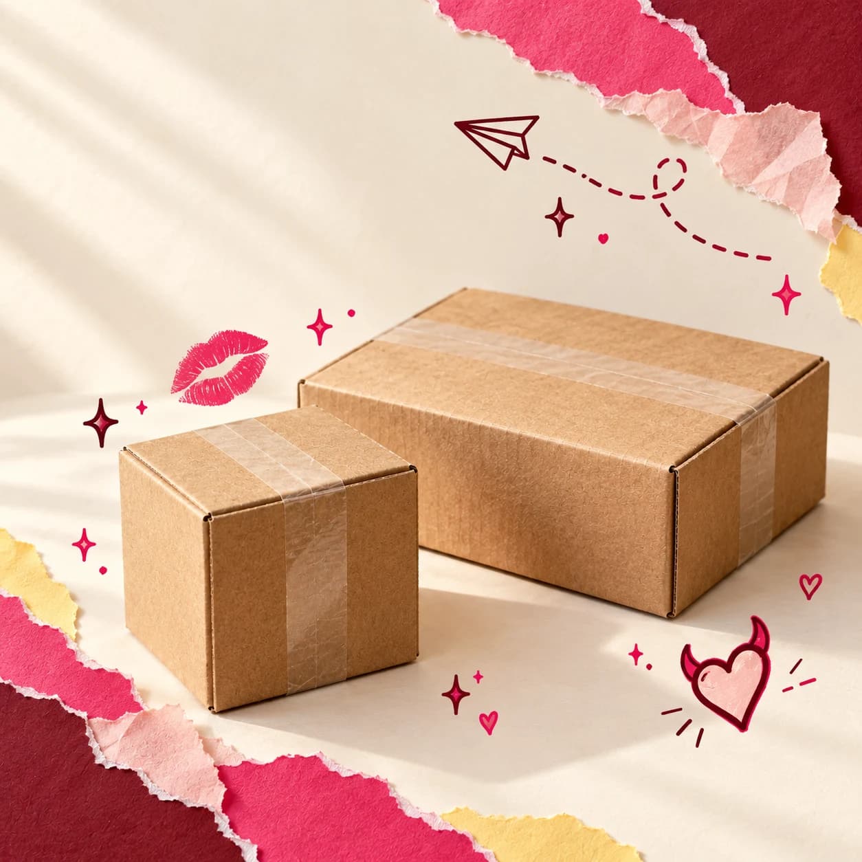 Two kraft parcels framed by pink paper, a hand-drawn heart, a kiss and a paper airplane